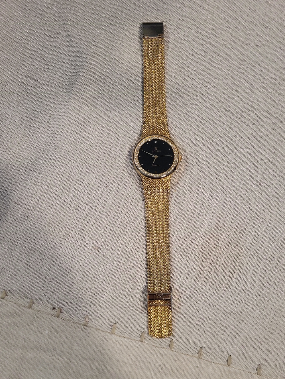 Gold Mesh Bracelet Watch with Black Dial